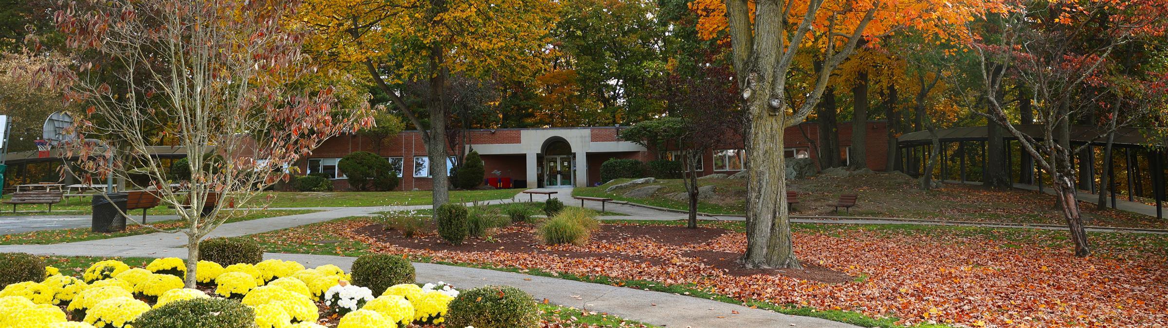 school building with flowers and fall leaves