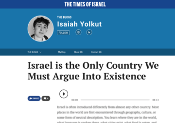 Leffell School student Isaiah Yolkut published an article in the Times of Israel Blogs titled "Israel is the Only Country We Must Argue Into Existence".