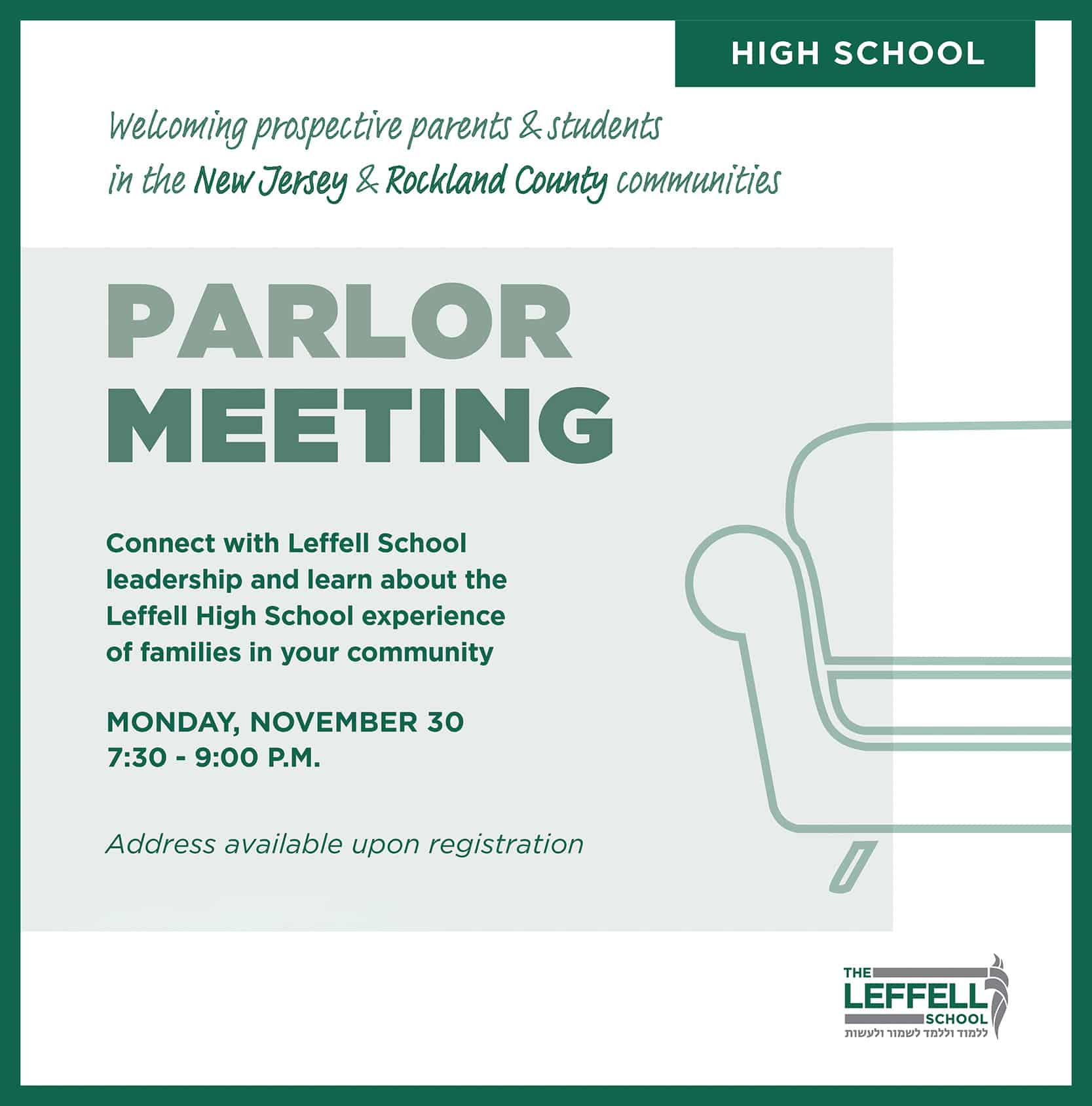 White Background with green text graphic for Parlor meeting in New Jersey on November 30
