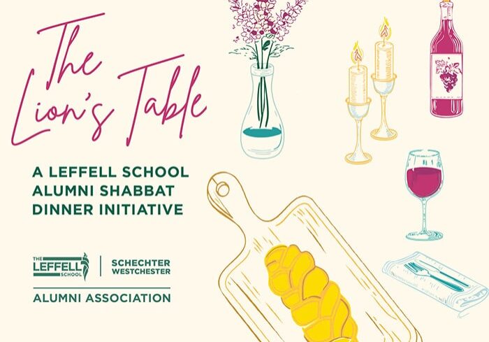 's Table News Image The Lions Table: Alumni Shabbat Dinner Initiative (pink script words on a crea colored background with a hand drawn flower arrangement and challah loaf)